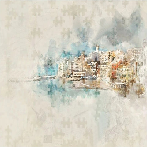 Image of Quaint Watercolor European Seaside Village Puzzle Mural, Custom Sizes Available