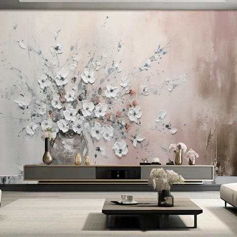 Image of Hand-Painted White Floral Arrangement Oil Painting Wallpaper Mural, Custom Sizes Available
