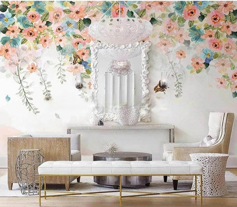 Image of Mural de papel pintado pintado a mano con botín floral pastel, tamaños personalizados disponibles