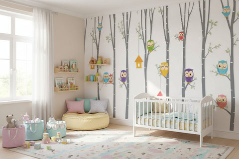 Image of Adorable Owls Children's Room Wallpaper Mural, Custom Sizes Available