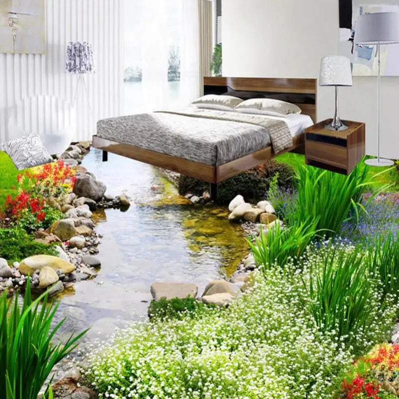 Peaceful Stream and Rock Floor Mural, Custom Sizes Available
