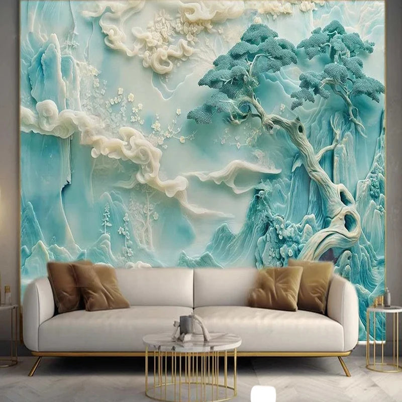 Exquisite Chinese Carved Landscape Wallpaper Mural, Custom Sizes Available