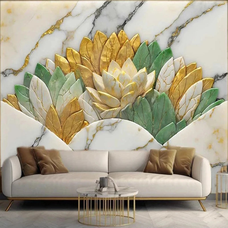 Exquisite Marble Flowers In Gold, Teal and Tan Wallpaper Mural, Custom Sizes Available
