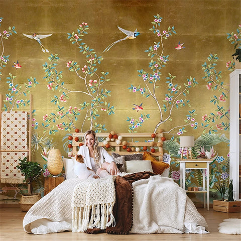 Image of Three Exquisite Birds and Flowers Gold Background Wallpaper Murals, Custom Sizes Available