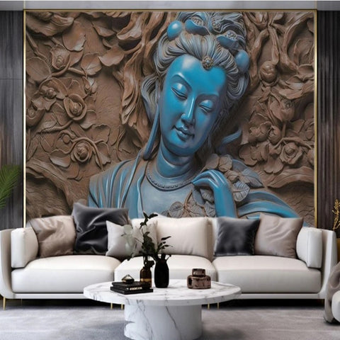 Image of Blue Jade Avalokitesvara Relief Wallpaper Mural, Custom Sizes Available
