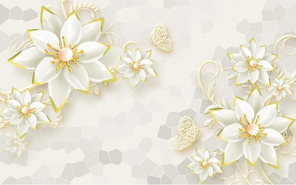 Elegant Gold Fringed Flowers Wallpaper Mural, Custom Sizes Available