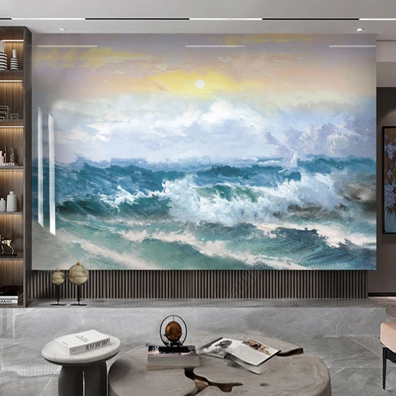 Spectacular Ocean Waves Painting Wallpaper Mural, Custom Sizes Available