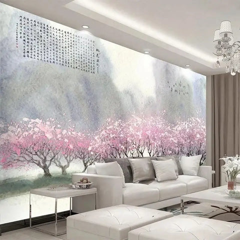 Image of Chinese Style Peach Blossoms and Foggy Background Wallpaper Mural, Custom Sizes Available