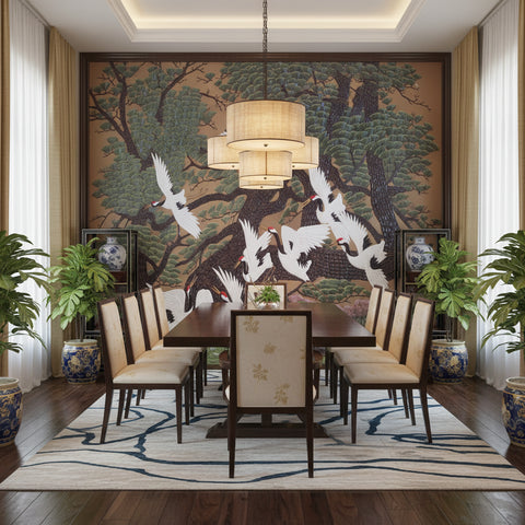 Image of Chinese Flying Cranes Wallpaper Mural, Custom Sizes Available