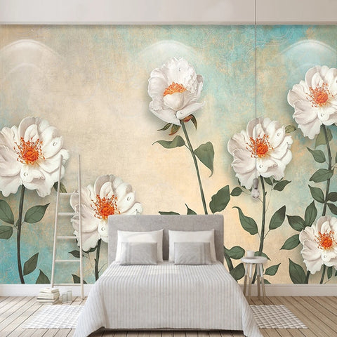 Image of Vintage White Roses Wallpaper Mural, Custom Sizes Available