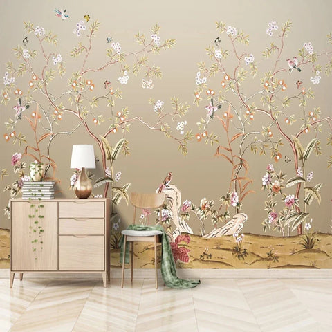Image of Beautiful Hand-Painted Birds and Flowering Vines. Wallpaper Mural, Custom Sizes Available
