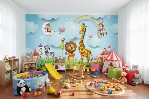 Image of Child's Room Playful Animals Wallpaper Mural, Custom Murals Available