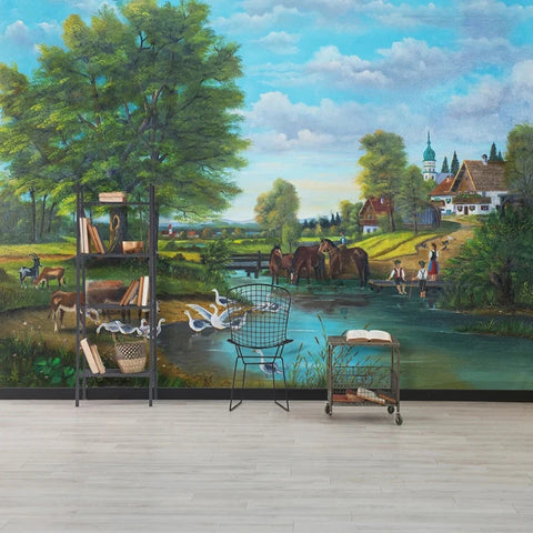 Image of Beautiful Pastoral Oil Painting Wallpaper Mural, Custom Sizes Available