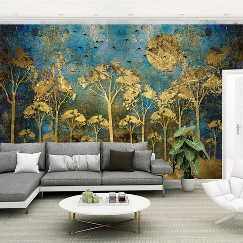 Image of Gold Abstract Forest and Moon Wallpaper Mural, Custom Sizes Available