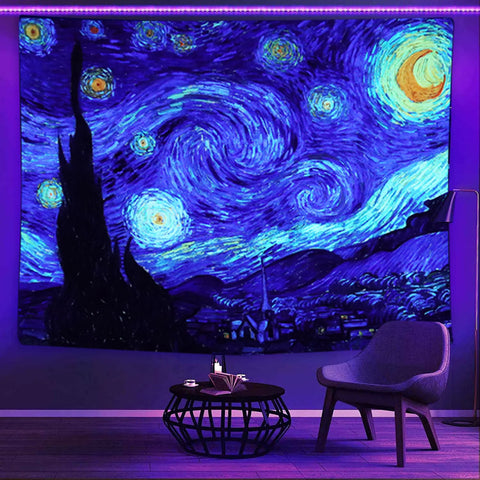 Image of Beautiful Starry Night Blacklight Tapestry by Van Gogh, Multiple Sizes, Free Shipping!