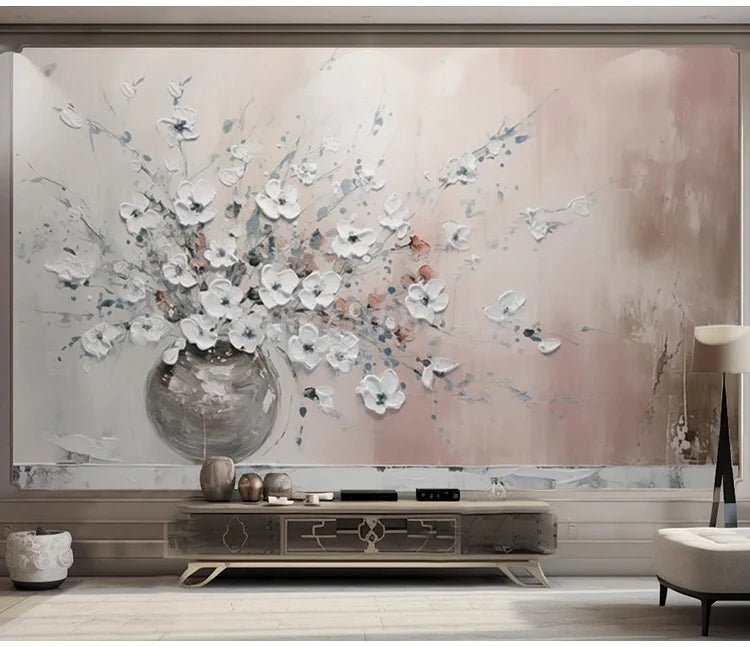Hand-Painted White Floral Arrangement Oil Painting Wallpaper Mural, Custom Sizes Available