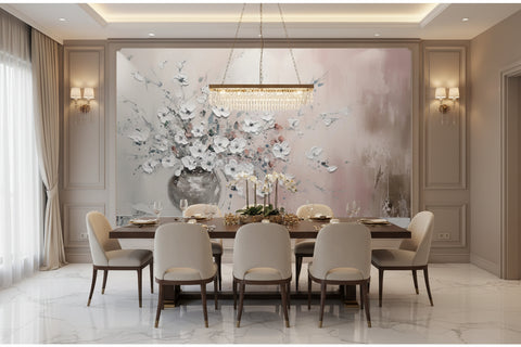 Image of Hand-Painted White Floral Arrangement Oil Painting Wallpaper Mural, Custom Sizes Available