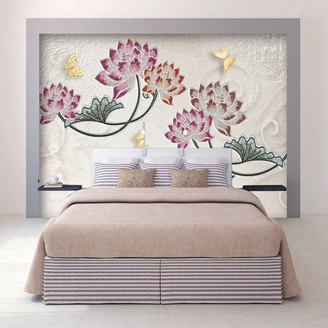 Image of Awesome Mosaic Lotus Flowers and Golden Butterflies Wallpaper Mural, Custom Sizes Available