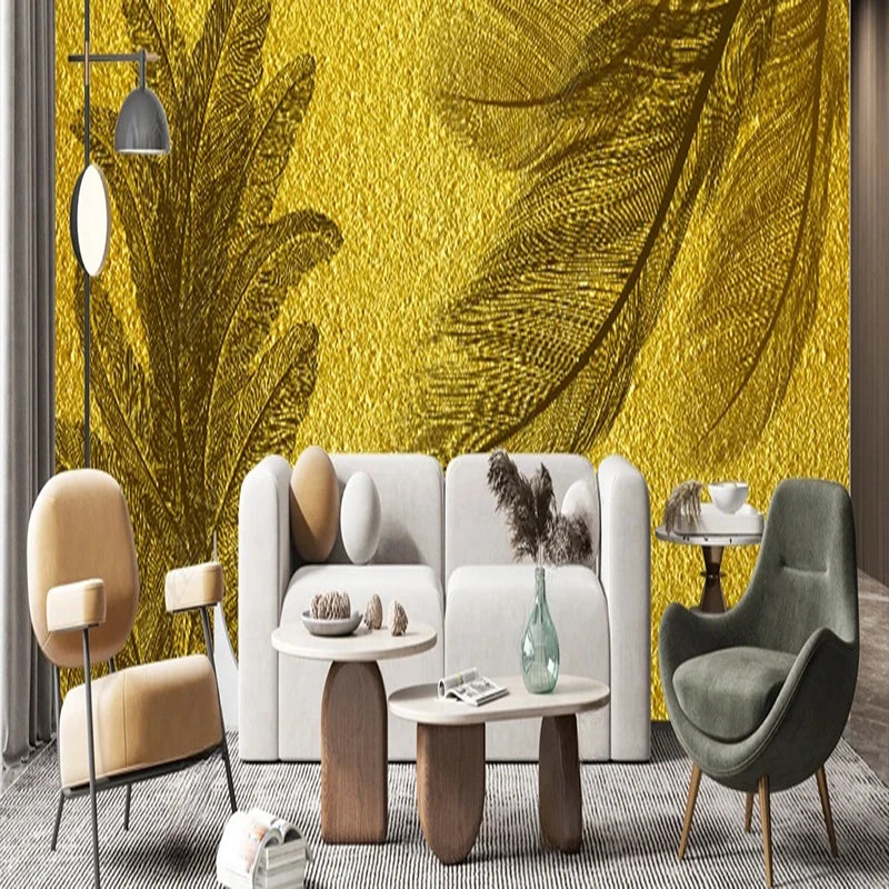 Abstract Feather Silhouettes On Golden Background Wallpaper Mural, Custom Sizes Available