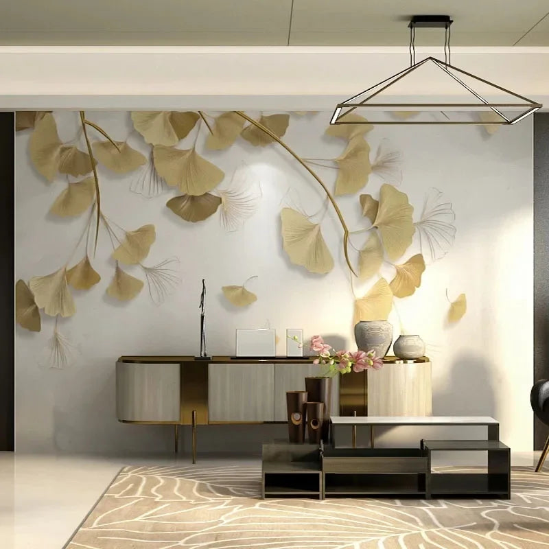 3D Golden Gingko Leaves Wallpaper Mural, Custom Sizes Available
