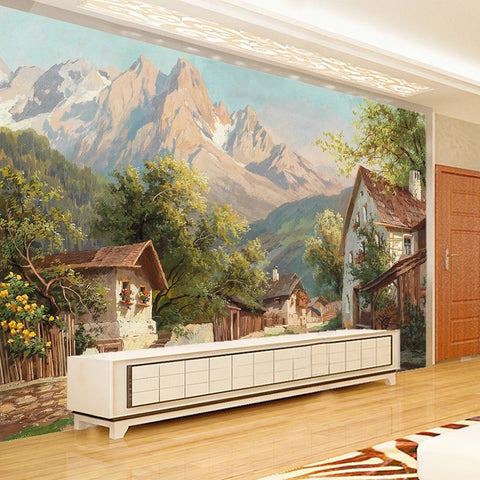 Image of Pastoral Old Village Painting Wallpaper Mural, Custom Sizes Available