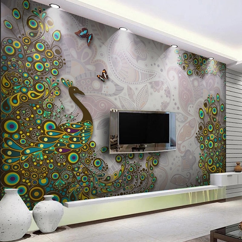 Awesome Stylised Colorful Peacock Wallpaper Mural, Custom Sizes Available