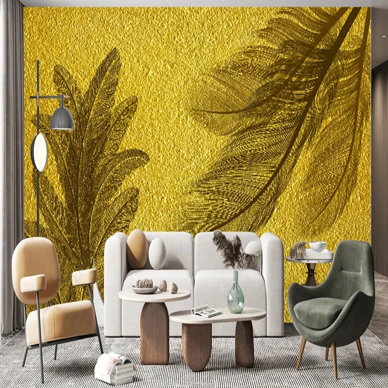 Abstract Feather Silhouettes On Golden Background Wallpaper Mural, Custom Sizes Available
