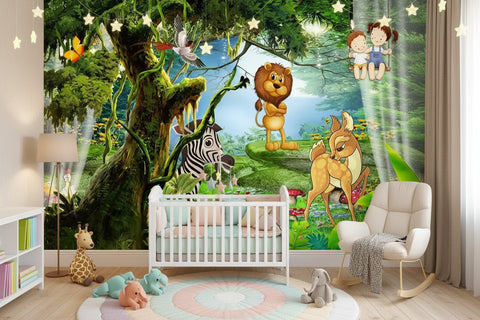 Image of Wild Animal Cartoon Wallpaper Mural, Custom Sizes Available