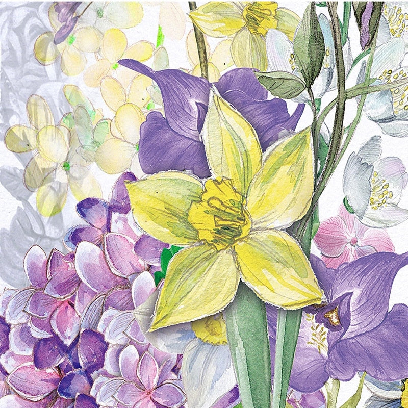 Refreshing Hand-Painted Spring Flowers Wallpaper Mural, Custom Sizes Available