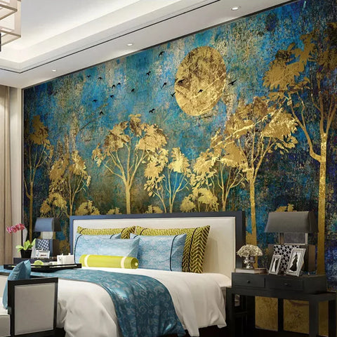 Image of Gold Abstract Forest and Moon Wallpaper Mural, Custom Sizes Available