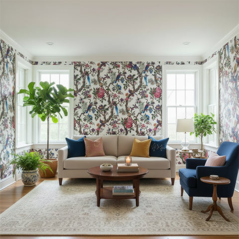 Image of Classical American Birds and Flowers Wallpaper Mural, Custom Sizes Available