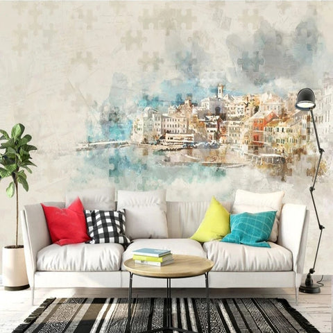 Image of Quaint Watercolor European Seaside Village Puzzle Mural, Custom Sizes Available