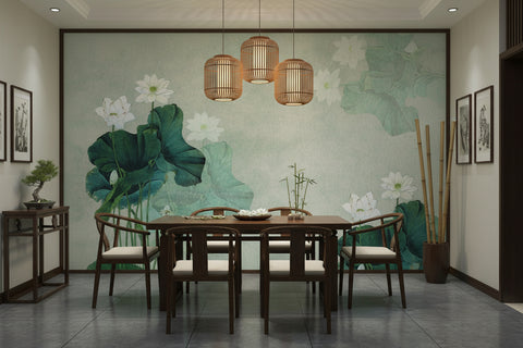 Image of Chinese-Style White Lotus Ink Painting Wallpaper Mural, Custom Sizes Available