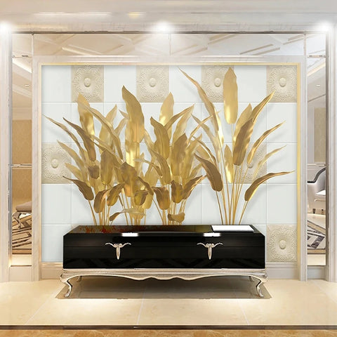 Image of Exquisite Gold Banana Leaves Wallpaper Mural, Custom Sizes Available