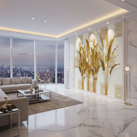 Image of Exquisite Gold Banana Leaves Wallpaper Mural, Custom Sizes Available