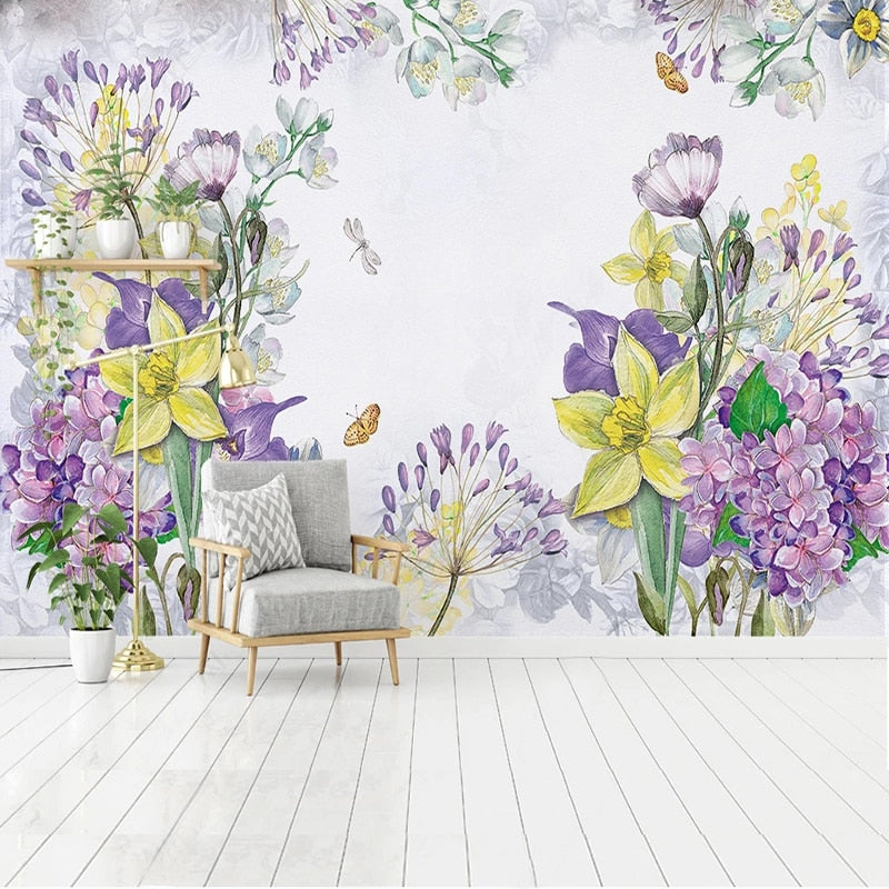 Refreshing Hand-Painted Spring Flowers Wallpaper Mural, Custom Sizes Available
