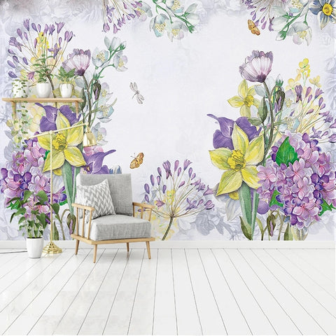 Image of Refreshing Hand-Painted Spring Flowers Wallpaper Mural, Custom Sizes Available