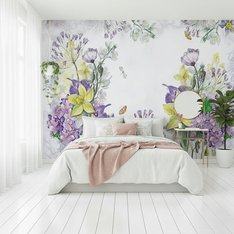 Image of Refreshing Hand-Painted Spring Flowers Wallpaper Mural, Custom Sizes Available