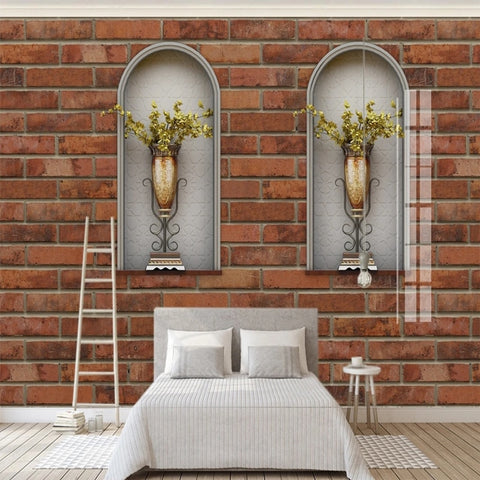 Image of Beautiful Floral Vases In Niches Brick Wall Wallpaper Mural, Custom Sizes Available