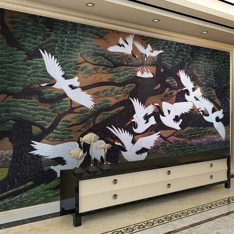 Image of Chinese Flying Cranes Wallpaper Mural, Custom Sizes Available
