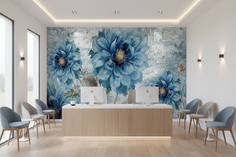 Image of Lovely Painted Blue Dahlias Wallpaper Mural, Custom Sizes Available