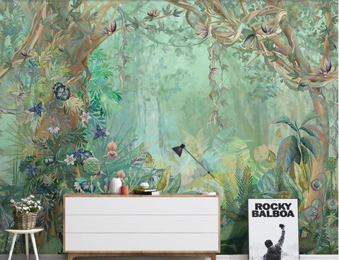 Image of Exquisite Retro Jungle Scene Wallpaper Mural, Custom Sizes Available