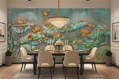 Image of Golden Lotus 3D Raised Relief Wallpaper Mural, Custom Sizes Available
