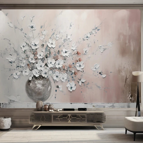 Image of Hand-Painted White Floral Arrangement Oil Painting Wallpaper Mural, Custom Sizes Available