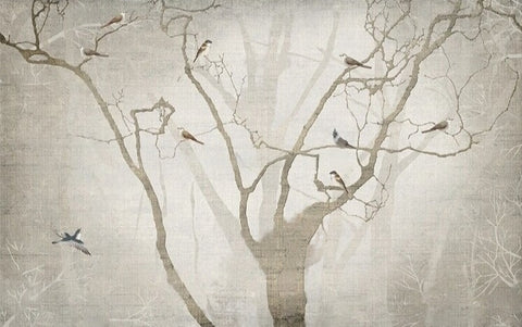 Image of Mural de papel pintado con árboles y pájaros neblinosos, tamaños personalizados disponibles