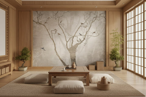 Image of Sepia-Toned Foggy Forest and Birds Wallpaper Mural, Custom Sizes Available
