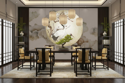 Image of Chinese Style Retro Crane and Moon Wallpaper Mural, Custom Sizes Available