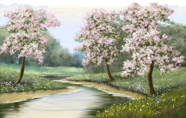 Idyllic Blooming Peach Tree and Stream Landscape Wallpaper Mural, Custom Sizes Available