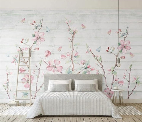 Image of Flor de cerezo, grano de madera, mural de papel tapiz de flores de mariposa, tamaños personalizados disponibles