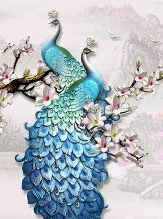 Image of Mural Pavo Real Azul sobre Flor de Ciruelo, Tamaños Personalizados Disponibles